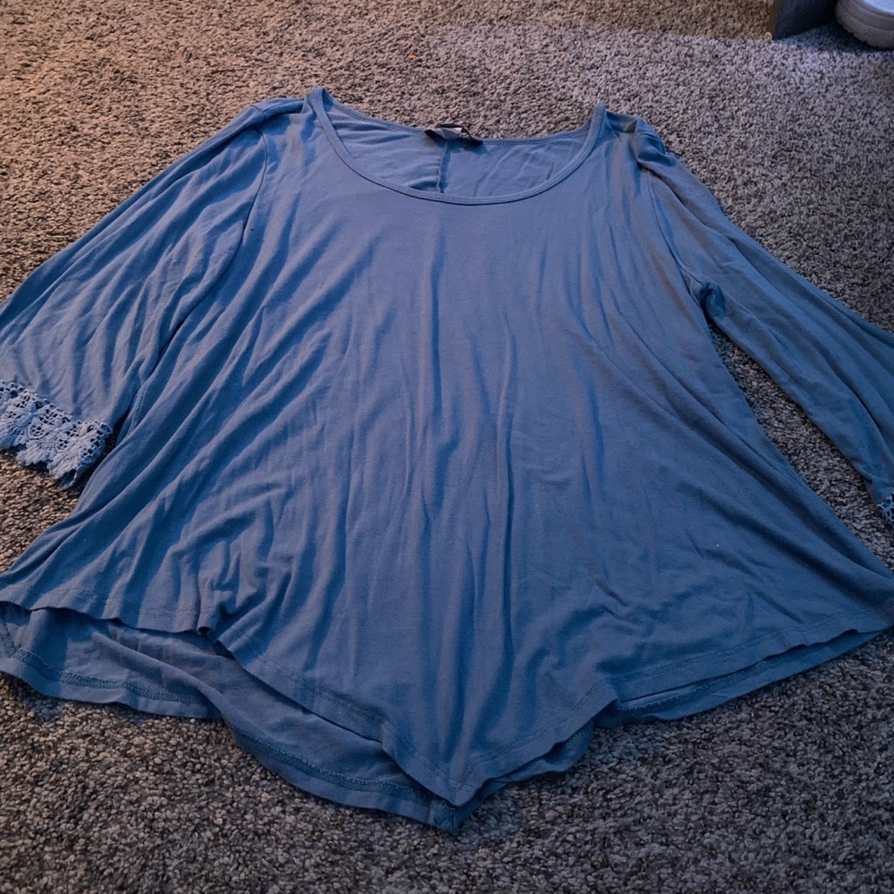 Blue 3/4 Sleeve Relaxed Asymmetrical Blouse